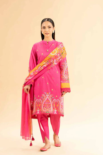 3 Piece Women's Unstitched Printed Lawn Suit - Pink Printed Dobby Lawn