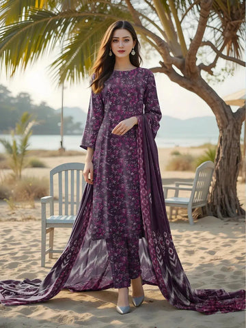 Royal Purple Women's Unstitched Printed Lawn 3-Piece Suit Set