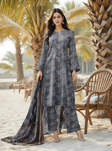 Black Printed Women's Unstitched Printed Lawn 3-Piece Suit Set