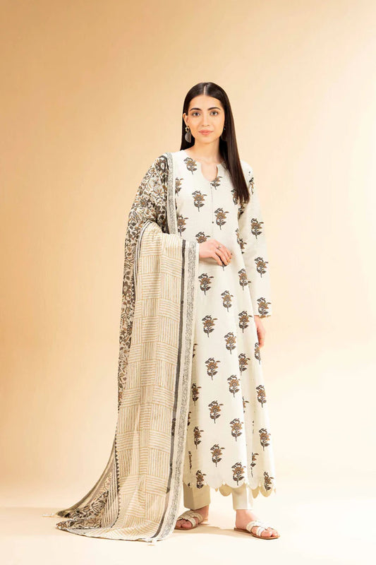 3 Piece Women's Unstitched Printed Lawn Suit - Elegant Off-White Printed Dobby Lawn