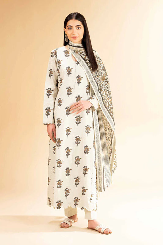 3 Piece Women's Unstitched Printed Lawn Suit - Elegant Off-White Printed Dobby Lawn