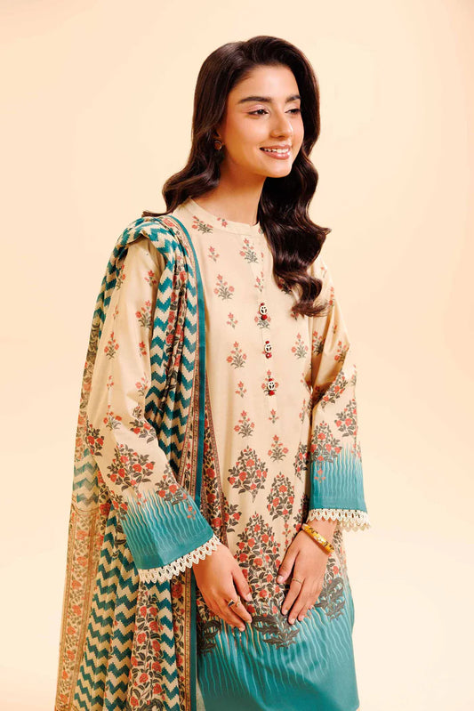 3 Piece Women's Unstitched Printed Lawn Suit - Off White Printed Dobby Lawn