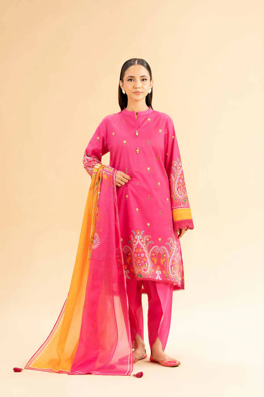 3 Piece Women's Unstitched Printed Lawn Suit - Pink Printed Dobby Lawn