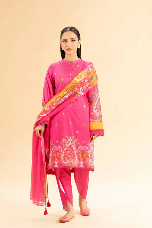 3 Piece Women's Unstitched Printed Lawn Suit - Pink Printed Dobby Lawn