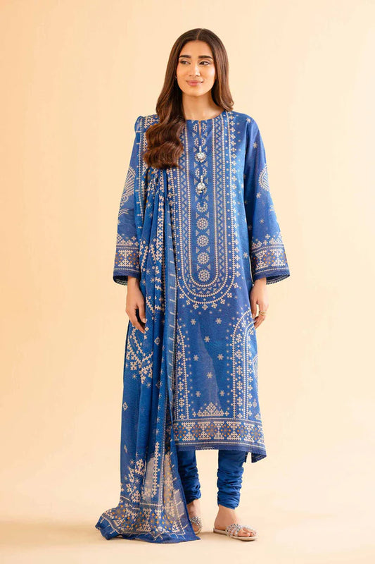 3 Piece Women's Unstitched Printed Lawn Suit - Blue Dobby Lawn