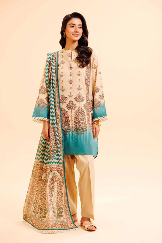 3 Piece Women's Unstitched Printed Lawn Suit - Off White Printed Dobby Lawn