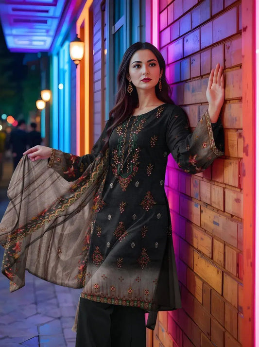 3 Piece Women's Unstitched Printed Lawn Suit - Elegant Black Lawn 3-Piece Suit Set