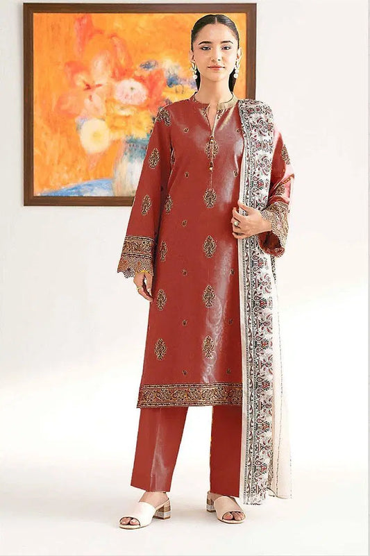 3 Piece Women's Unstitched Printed Lawn Suit - Vibrant Orange Printed Dobby Lawn