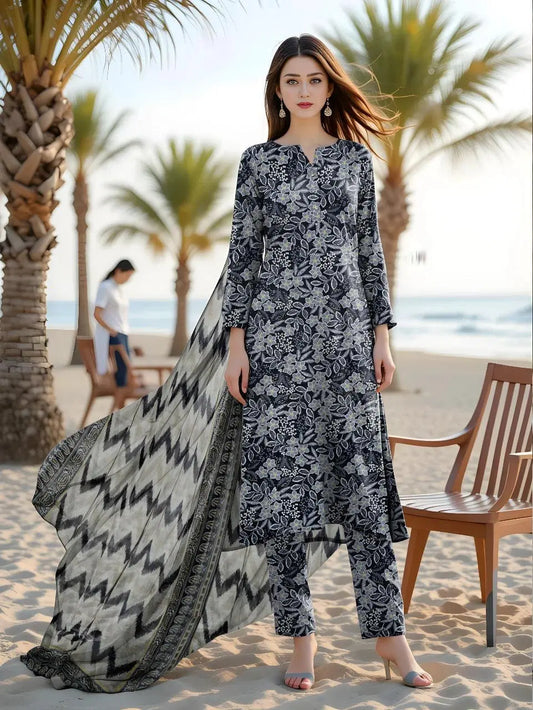 Elegant Black Women's Unstitched Printed 3-Piece Suit Set