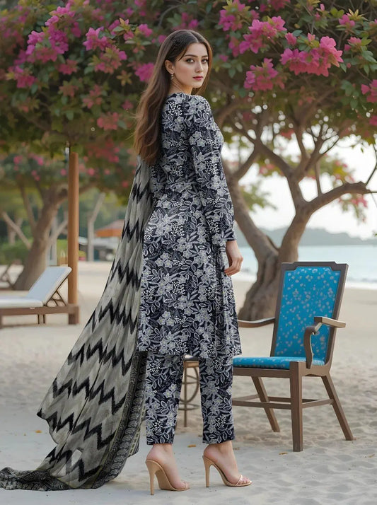 Elegant Black Women's Unstitched Printed 3-Piece Suit Set