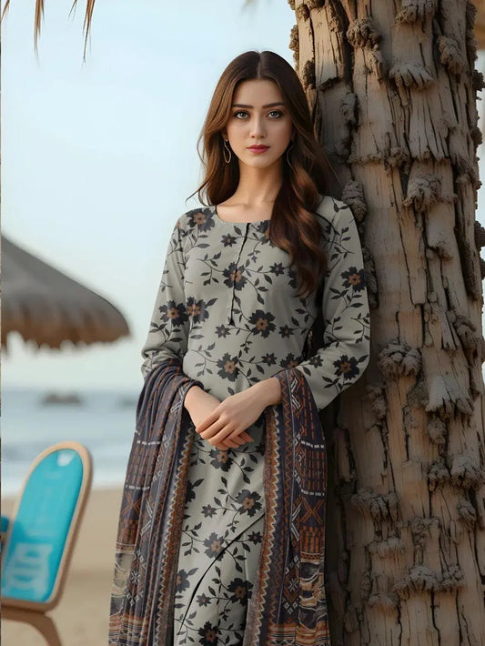 Elegant Grey Women's Unstitched Printed Lawn 3-Piece Suit Set