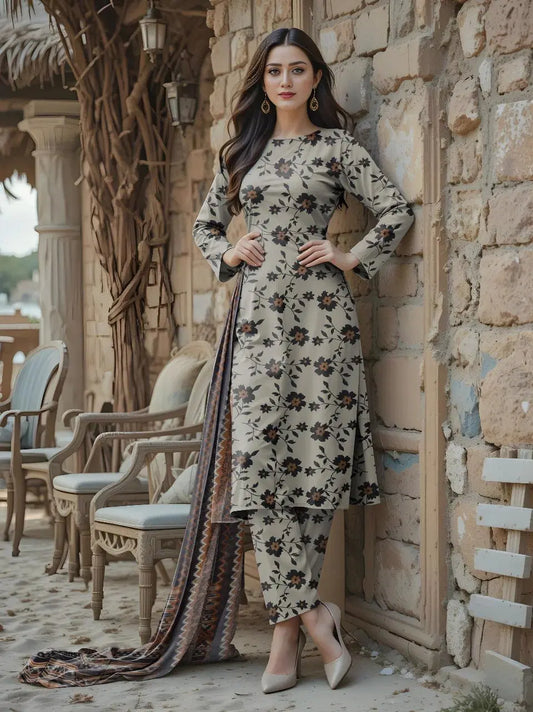 Elegant Grey Women's Unstitched Printed Lawn 3-Piece Suit Set