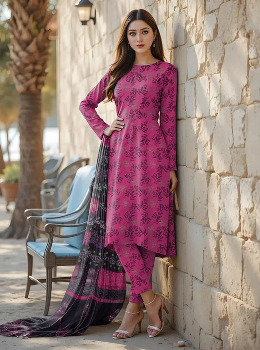 Charming Pink Women's Unstitched Printed Lawn 3-Piece Suit Set