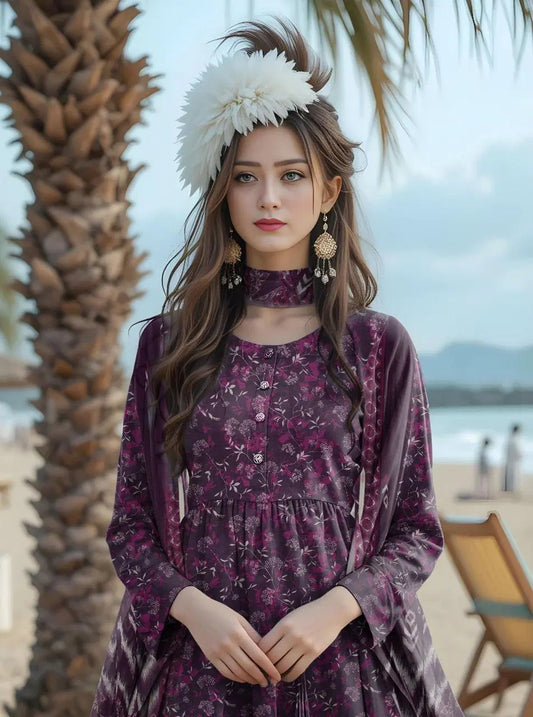 Royal Purple Women's Unstitched Printed Lawn 3-Piece Suit Set