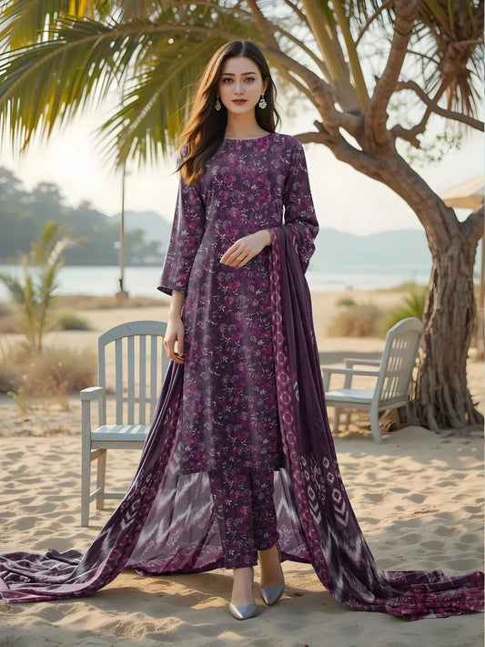 Royal Purple Women's Unstitched Printed Lawn 3-Piece Suit Set