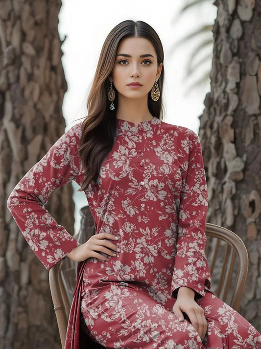 Maroon Printed Women's Unstitched Printed Lawn 3-Piece Suit Set