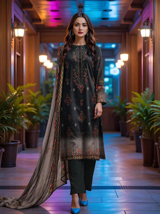 3 Piece Women's Unstitched Printed Lawn Suit - Elegant Black Lawn 3-Piece Suit Set