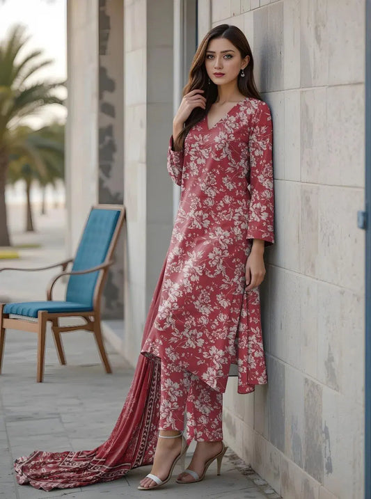 Maroon Printed Women's Unstitched Printed Lawn 3-Piece Suit Set