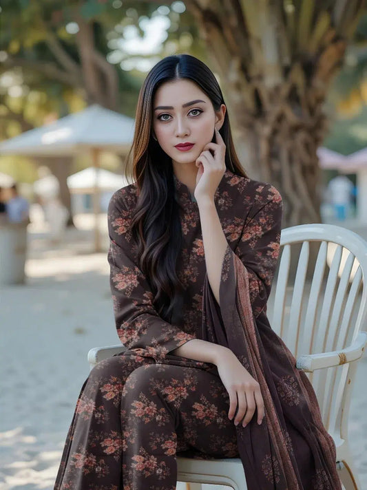 Brown Printed Women's Unstitched Printed Lawn 3-Piece Suit Set