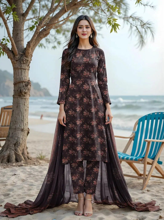Brown Printed Women's Unstitched Printed Lawn 3-Piece Suit Set