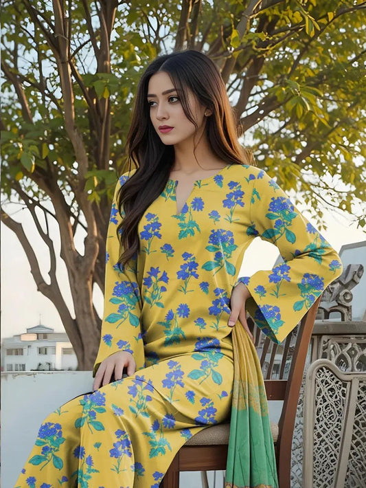 Sunny Yellow Printed Women's Unstitched Printed Lawn 3-Piece Suit Set