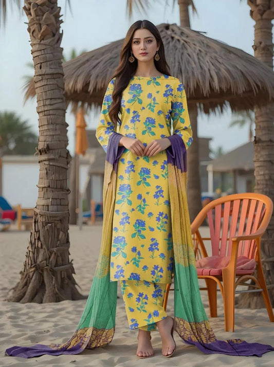 Sunny Yellow Printed Women's Unstitched Printed Lawn 3-Piece Suit Set