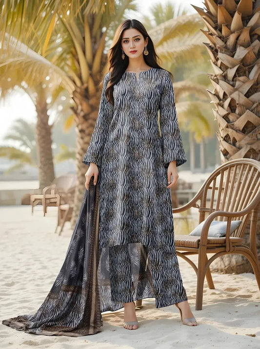Black Printed Women's Unstitched Printed Lawn 3-Piece Suit Set