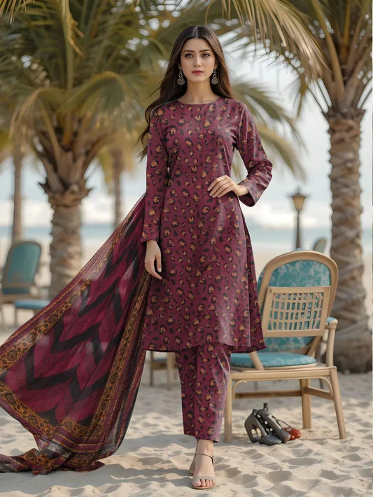 Maroon Printed Women's Unstitched Printed Lawn 3-Piece Suit Set