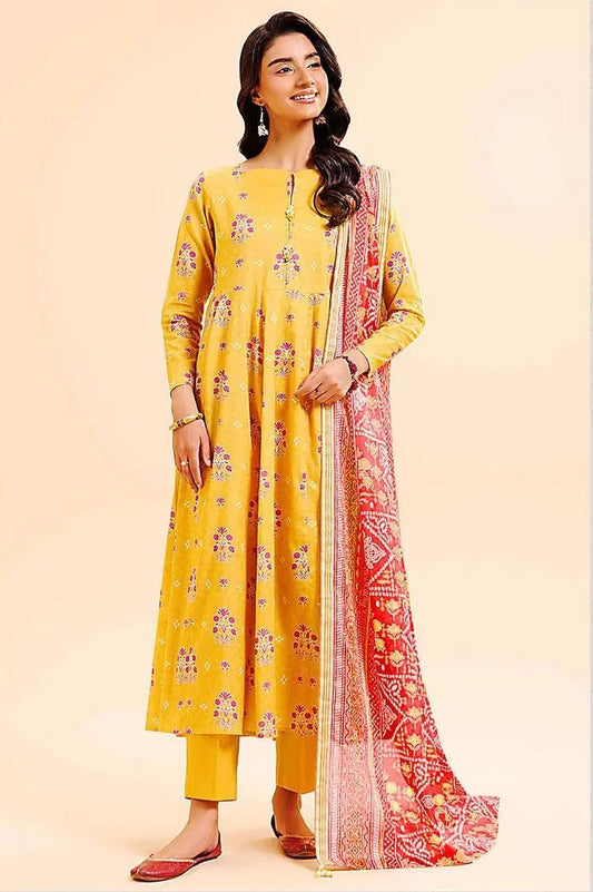 3 Piece Women's Unstitched Printed Lawn Suit - Sunny Yellow Printed Dobby Lawn