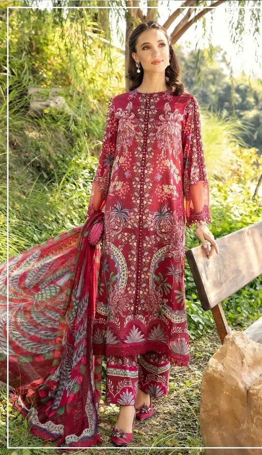 3-Piece Suit Maroon Unstitched Printed Lawn