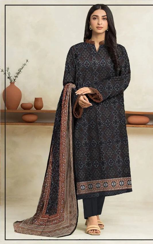 3 Piece Suit Unstitched Printed Dobby Lawn