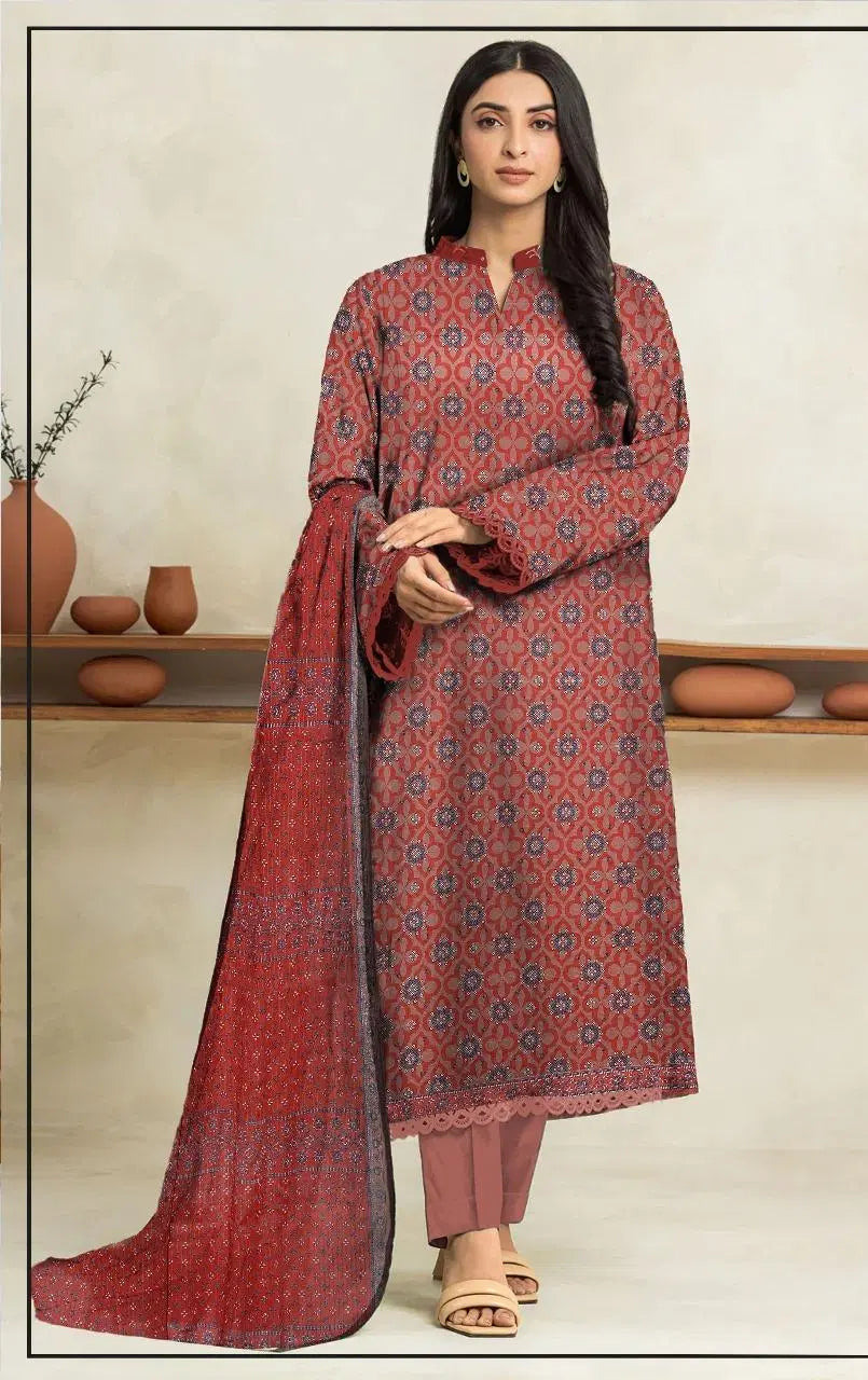 3 Piece Suit Unstitched Printed Dobby Lawn