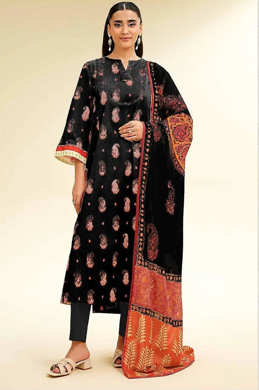 3 Piece Women's Unstitched Printed Lawn Suit - Classic Black Printed Dobby Lawn