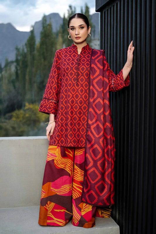 3-Piece Suit Red Unstitched Printed Lawn