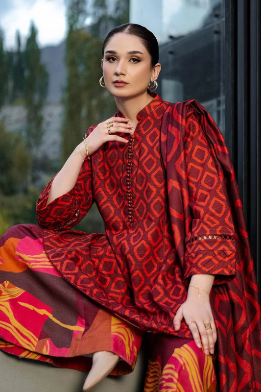 3-Piece Suit Red Unstitched Printed Lawn